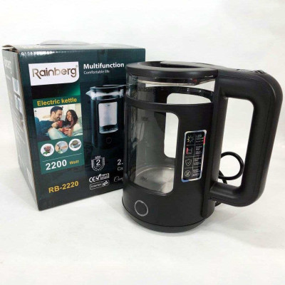 Електрочайник Rainberg RB-2220 скляний дисковий прозорий. Чайник із підсвічуванням 2200W. Колір: чорний 
