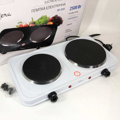 Плитка електрична Suntera DP-1935W, 2500W, 2 конфорки різного діаметру, 2 конфорки. Колір: білий Плитка електрична Suntera DP-1935W, 2500W, 2 конфорки різного діаметру, 2 конфорки. Колір: білий
