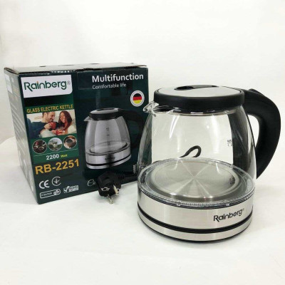 Електрочайник скляний Rainberg RB-2251 - 1л, стильний електричний чайник, безшумний чайник 