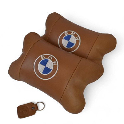 Комплект автоподушок 2шт з натуральної коричневої шкіри для BMW. Ортопедична подушка в авто БМВ 