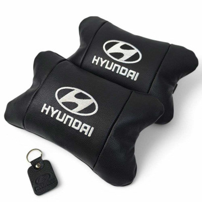 Набір подушок для авто Hyundai 2шт, натуральна шкіра, чорний колір, комфортні підголовники в автомобіль 