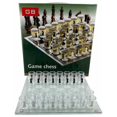 Алко П'яні шахи з чарками та скляною дошкою 24х24 см. Алкогольні шахи чарки, настільна гра 32 чарки 