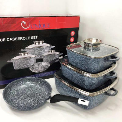 Набір казанів UNIQUE UN-5531 7 предметів, квадрат: 16 см, 20 см, 24 см, круглі 24 см сковорода 