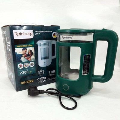 Електрочайник Rainberg RB-2220 скляний дисковий прозорий. Чайник із підсвічуванням 2200 Вт. Колір: зелений Електрочайник Rainberg RB-2220 скляний дисковий прозорий. Чайник із підсвічуванням 2200 Вт. Колір: зелений