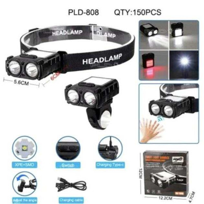 Ліхтар налобний SH-T808-2XPE-20SMD-white/red з датчиком руху, потужний налобний ліхтар для риболовлі 