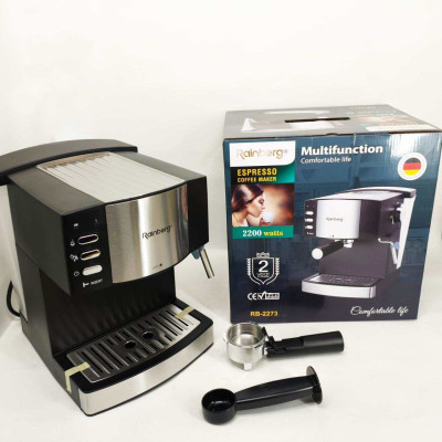 Кавомашина рожкова еспресо Rainberg RB-2273 2200Вт з капучинатором 1.6л, напівавтоматична кавоварка Кавомашина рожкова еспресо Rainberg RB-2273 2200Вт з капучинатором 1.6л, напівавтоматична кавоварка