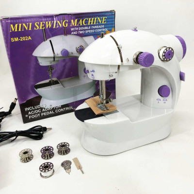 Міні швейна машинка FHSM 202 4 в 1 з педаллю та підсвічуванням + адаптер 220V, Швейна машина для дітей 