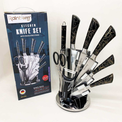 Набір кухонних ножів Rainberg RB-2499 8 предметів на підставці, що обертається Black 