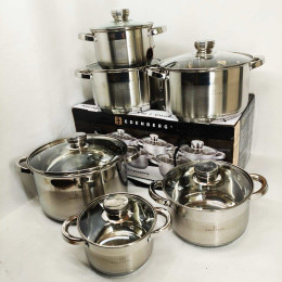 Набір каструль із сталі Edenberg EB-4036 12шт 2.1л–7.5л, 5-шарове капсульне дно, клепані ручки, індукція