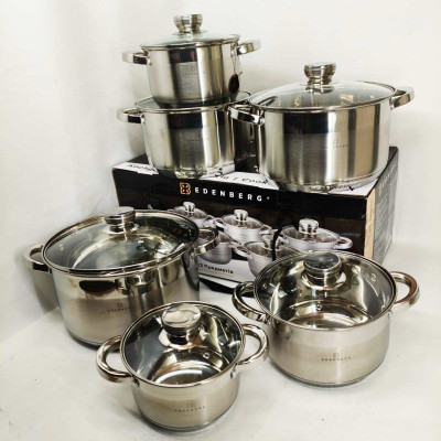 Набір каструль із сталі Edenberg EB-4036 12шт 2.1л–7.5л, 5-шарове капсульне дно, клепані ручки, індукція 