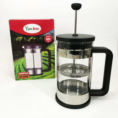 Френч-прес Заварник для чаю та кави Con Brio CB-6560 600 мл, Чайник заварювальний скляний якісний 