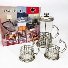 Прес заварник із жароміцного боросилікатного скла UNIQUE UN-1155 0.6 л + 2 чашки Френч-прес для кави