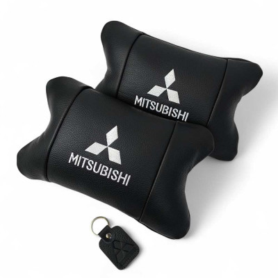 Подушки Mitsubishi з натуральної шкіри, Автоподушки на підголовник + шкіряний брелок з логотипом 