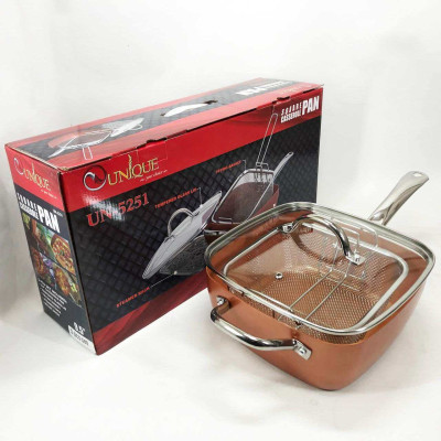 Сковорода-фритюрниця UNIQUE UN-5251 квадратна антипригарна з пароваркою та каструлею + скляна кришка 24 см 