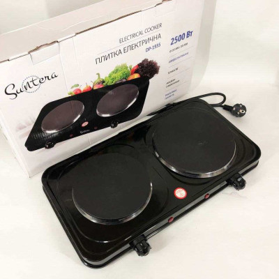 Плитка настільна електрична Suntera DP-1935B, 2500 W, 2 конфорки різного діаметру. Колір: чорний 