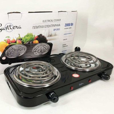 Плита електрична Suntera DP-1915 2 кВт, електроплита 2 конфорки, двокомфорочна плита. Колір: чорний 