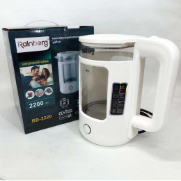 Електрочайник Rainberg RB-2220 скляний дисковий прозорий. Чайник із підсвічуванням 2200 Вт. Колір: білий Електрочайник Rainberg RB-2220 скляний дисковий прозорий. Чайник із підсвічуванням 2200 Вт. Колір: білий