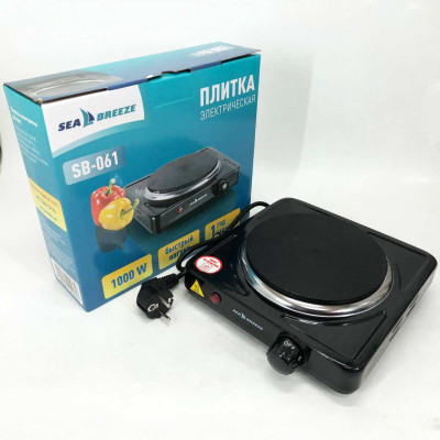 Настільна плита електрична Sea Breeze SB-061 1000 Вт, компактна переносна електроплита. Колір: чорний Настільна плита електрична Sea Breeze SB-061 1000 Вт, компактна переносна електроплита. Колір: чорний