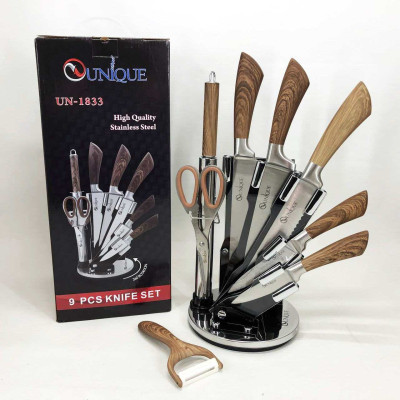 Набір кухонних ножів UNIQUE UN-1833 з дерев'яними ручками та підставкою Набір кухонних ножів UNIQUE UN-1833 з дерев'яними ручками та підставкою