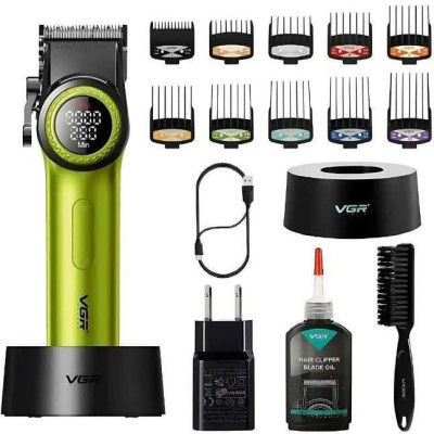 Професійна машинка для стрижки волосся VGR V-001 з дисплеєм 9000 об/хв та 10 насадками. Колір: зелений 