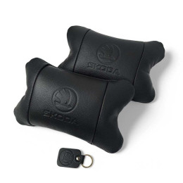 Набір авто подушок Skoda з натуральної шкіри + брелок, Автоподушка на підголовник