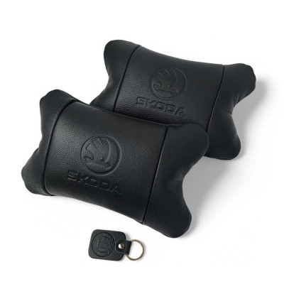 Набір авто подушок Skoda з натуральної шкіри + брелок, Автоподушка на підголовник 