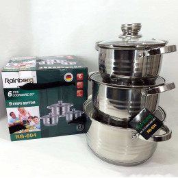 Набір каструль Rainberg RB-604 нержавіюча сталь, капсульне 9-ти шарове дно (3 каструлі 3 кришки) Набір каструль Rainberg RB-604 нержавіюча сталь, капсульне 9-ти шарове дно (3 каструлі 3 кришки)