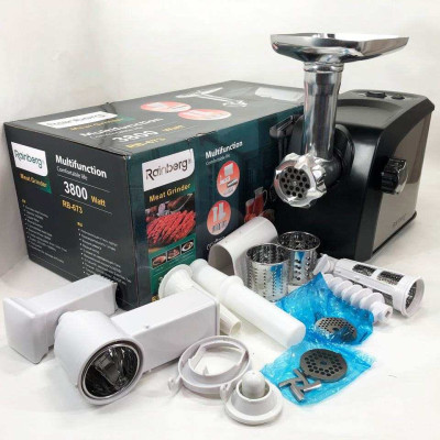 Електрична м'ясорубка Rainberg RB-673 із соковижималкою та шатківницею 9 насадок 3000W з реверсом Електрична м'ясорубка Rainberg RB-673 із соковижималкою та шатківницею 9 насадок 3000W з реверсом