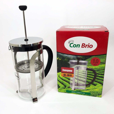 Френч-прес Con Brio 1000 мл скло нержавіюча сталь CB-5510, Чайник для заварювання трав, Заварник прозорий 