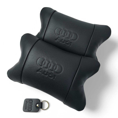 Набір шкіряних подушок Audi + брелок у подарунок, подушки на підголовник у авто 