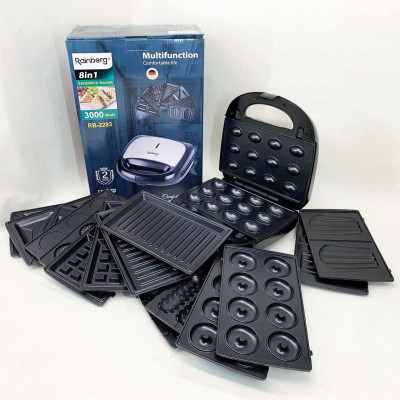 Електрична бутербродниця мультимейкер 8 в 1 Rainberg RB-2283 3000Вт із змінними насадками 