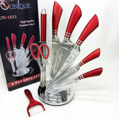 Набір ножів UNIQUE UN-1832 з підставкою 9 предметів овочечистка точилка ножиці Нержавіюча сталь 