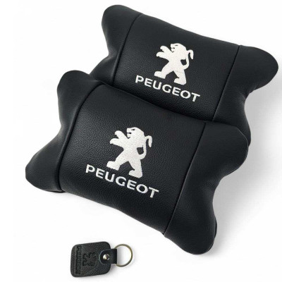 Набір подушок Peugeot із шкіри + брелок у подарунок, Автоподушки з вишивкою 
