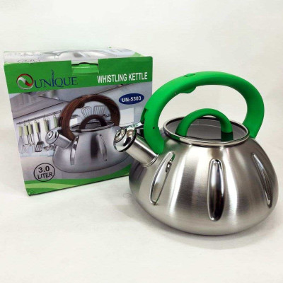 Чайник із свистком Unique UN-5303 кухонний на 3 літри, Чайник нержавіючий зі свистком. Колір: зелений 