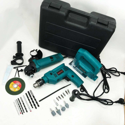 Набір електроінструментів 3в1: мережний ударний дриль, болгарка мережева, електричний лобзик потужний Набір електроінструментів 3в1: мережний ударний дриль, болгарка мережева, електричний лобзик потужний