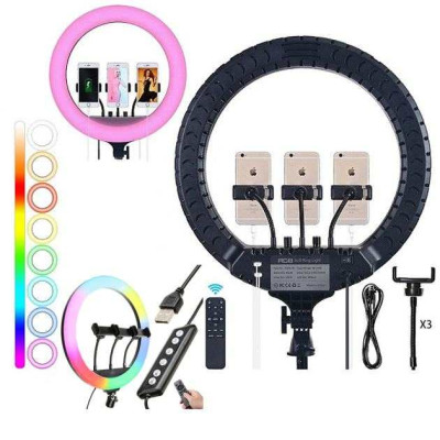 Кільцева LED лампа RGB MJ45 Ring 45 см комплектація адаптер із вбудованим кабелем, тримачі для телефону, пульт 