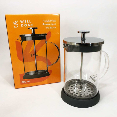 Френч-прес Well Done WD-8038B із термостійкого скла 800 мл, Незвичайний заварник для чаю Френч-прес Well Done WD-8038B із термостійкого скла 800 мл, Незвичайний заварник для чаю