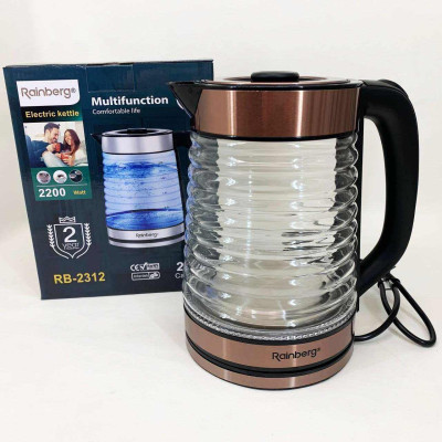Електрочайник Rainberg RB-2312 скляний дисковий чайник 2.2л 2200Вт Brown 
