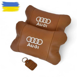 Набір із двох подушок на підголівник Audi, з натуральної коричневої шкіри, Подарунок чоловікові водієві Набір із двох подушок на підголівник Audi, з натуральної коричневої шкіри, Подарунок чоловікові водієві