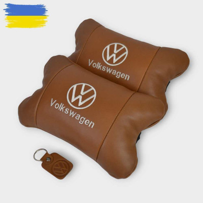 Набір подушок 2шт для автомобіля Volkswagen, з натуральної коричневої шкіри. Подушки на підголовник 