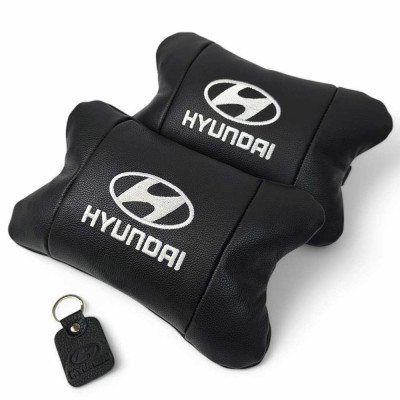 Набір подушок для авто Hyundai 2шт, натуральна шкіра, чорний колір, комфортні підголовники в автомобіль 