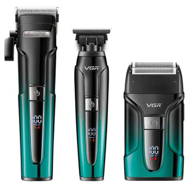 Комплект 3 в 1 VGR V-694 акумуляторна машинка для стрижки, триммер та електробритва шейвер. Колір: синій 