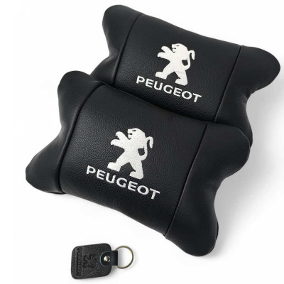 Набір подушок Peugeot із шкіри + брелок у подарунок, Автоподушки з вишивкою 