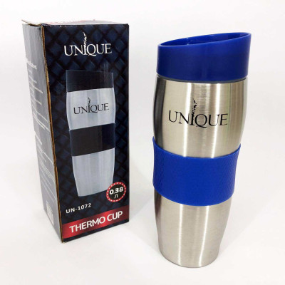 Термокружка 0,38 л із нержавіючої сталі з синьою кришкою і нековзною вставкою 