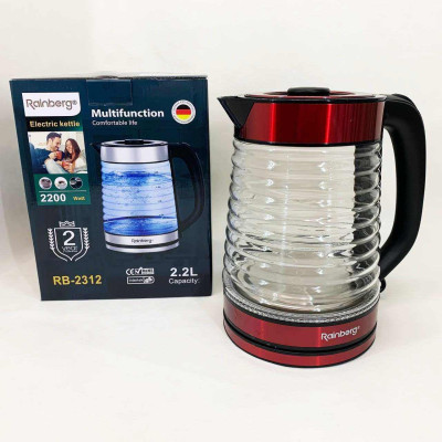 Електрочайник Rainberg RB-2312 скляний дисковий чайник 2.2л 2200Вт Red Електрочайник Rainberg RB-2312 скляний дисковий чайник 2.2л 2200Вт Red