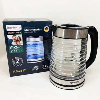 Електрочайник Rainberg RB-2312 скляний дисковий чайник 2.2л 2200Вт Silver 