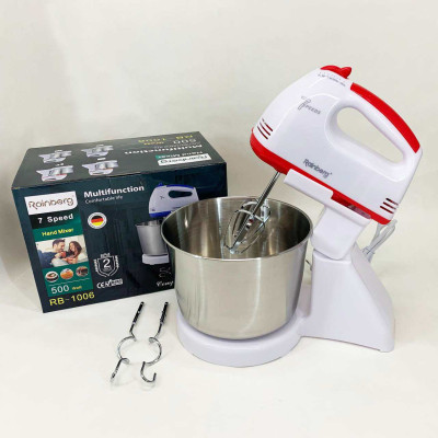 Стаціонарний електричний міксер із чашею Rainberg RB-1006 500W з насадками для замішування тіста Red 