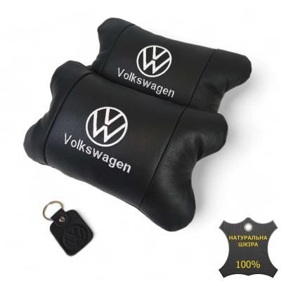 Набір подушок 2шт в авто Volkswagen з натуральної шкіри, на підголовник у машину, Автомобільна  подушка 