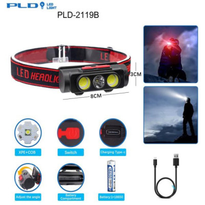Ліхтар налобний PLD-2119B-XPE+2COB(white+red), Ліхтар на голову для риболовлі, Водонепроникний ліхтарик 
