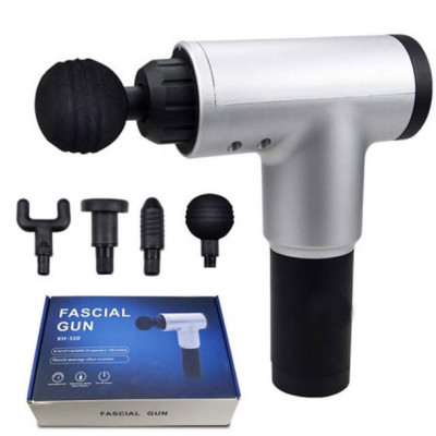 Акумуляторний масажер Fascial Gun KH-320 портативний ручний ударний м'язовий пістолет 4 насадки сірий 